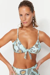 Blue cvetlini bikini vrh s podrobnostmi kravate