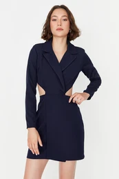 Navy Blue Mini tkana izrezana podrobna jakna Tkana obleka