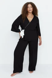Curve Black Double Breasted Collar Tied Woven Pajamas Set