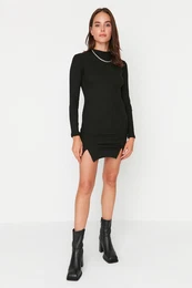 Black High Neck Slit Mini Knitted Dress
