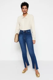 Indigo Legs with Slits Detailed Denim Trousers