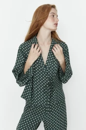 Green Heart Tie Detail Viscose Woven Pajama Set