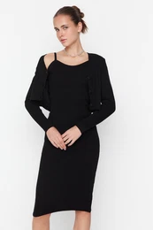 Black Fit Midi pletenine Cardigan obleka