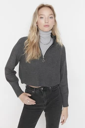 Anthracite Crop Zippered Stand Collar Basic Knitwear Sweater
