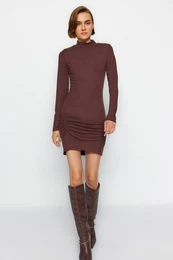 Brown High Collar Fitted Long Sleeve Slit Mini Ribbed Stretchy Knitted Dress