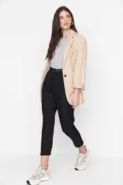 Black Belted High Waist Tkane hlače