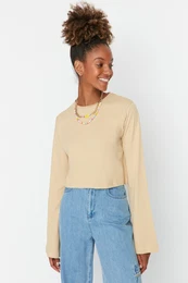 Beige 100% Cotton Crop Crew Neck Flare Sleeve Knitted T-Shirt