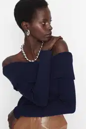 Navy Blue Crop Carmen ovratnik Pletenine pulover