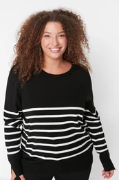 Curve Black Striped Crew Neck Knitwear Sweater