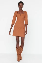 Brown Piping Detailed Woven Dress