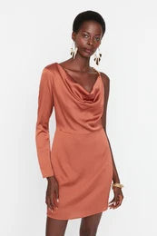 Elegant Evening Dress with Cinnamon Satin Shoulder Detail