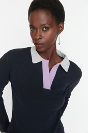 Navy Blue Ribbed Fitted Knitted Blouse