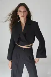 Limited Edition Black Crop Lined Double Breasted Woven Blazer Jacket
