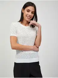 White Perforated Short Sleeve Sweater - Women