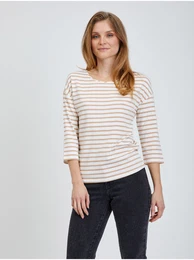 Beige Striped T-Shirt with Three-Quarter Sleeve - Women