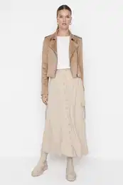 Beige High Waist Buttoned Scuba Knit Skirt