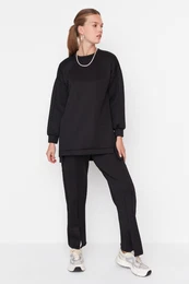 Black Oversize Slit Detailed Scuba Tunic-Pants Knitted Bottom-Top Set