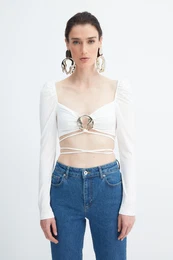 X Zeynep Tosun Ecru Blouse with Accessory Detail and Crop