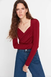 Burgundy Waistband Draped Detailed Fitted/Situated Flexible Snaps Knitted Bodysuit
