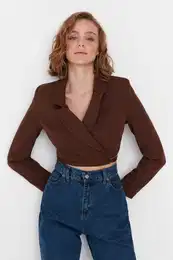 Brown Crop Woven Lined Double Breasted Closure Blazer Jacket