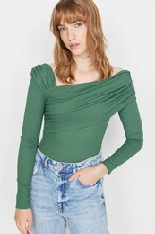 Emerald Green Asymmetric Collar Draped Fitted/Situated Crepe Knitted Bodysuit