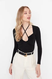 Black Slim Barbell Neck Stretchy Knitted Blouse