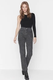 Black Leopard Print visok pas ravne kavbojke