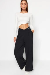Black Print Detail Wide Leg/Casual Fit Asymmetrical Waist Knitted Pants