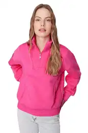 Pink Oversize/Wide Fit Zippered Stand Collar Thick Inside Fleece Knitted Sweatshirt