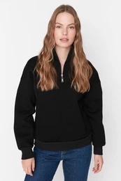 Black Oversize/Wide Fit Zippered Stand-Up Collar Thick Inside Fleece Knitted Sweatshirt