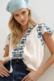 Trend Alaat Stili Women's Ecru Front Lace Embroidery Woven Blouse
