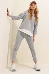 Trend Alaat Stili Women's Gray Wide Collar Elastic Waist Double Pockets Stitched Front Two Thread Bottom Top Set