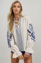 Trend Alaat Stili Women's White Embroidered Front Lace Up Sleeves Laser Cut Poplin Woven Blouse