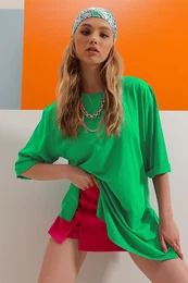 Trend Alaat Stili Women's Green Crew Neck Double Sleeve Oversize Cotton Basic T-Shirt