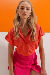 Trend Alaat Stili Women's Orange Cuffed Double Breasted Short Sleeve Textured Shirt