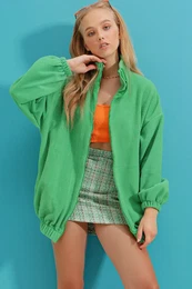 Trend Alaat Stili Women's Green Stand Up Collar Zippered Fleece Sweatshirt