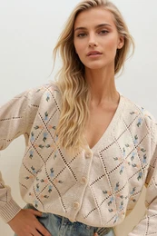 Trend alaat stili enske be diamantno vzorasto cvetlino vezenje Cardigan