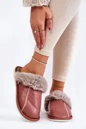 Women's Leather Slippers With Fur Dark pink Rossa