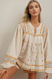 Trend Alaat Stili Women's Ecru Collar Floral Embroidered Linen Woven Shirt
