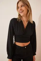 Happiness stanbul Women's Black Deep V Neck Crop Sandy Knitted