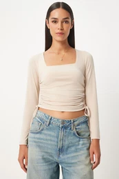 Happiness stanbul Women's Cream Square Neck Gathered Sandy Knitted Blouse