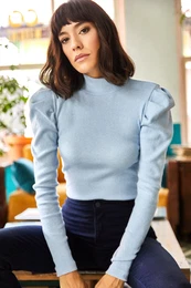 Women's Baby Blue Princess Sleeve Lycra Blouse