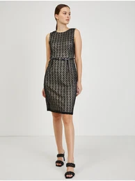 Beige-Black Women's Sheath Dress with Strap - Women