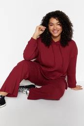 Curve Claret Red Hooded Collar Relaxed Fit Knitted Camisole Plus Size Top-Bottom Set
