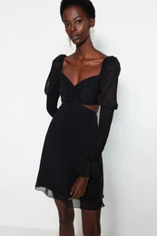 Black Waist Opening/Skater Window/Cut Lined Out Detailed Chiffon Elegant Evening Dress
