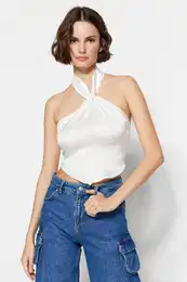 Ecru Woven Satin Halter Neck Blouse