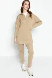 Beige Front Zippered Soft Textured Scuba Oversize Knitted Tracksuit