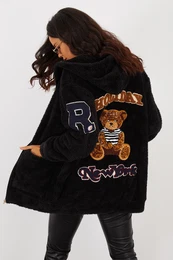 Women's Black Back Printed Hooded Plush Coat