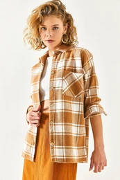 Women's Beige One Pocket Thick Plaid Lumberjack Shirt