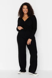 Curve Black V-Neck Tie Detailed Knitwear Blouse & Trousers Set
